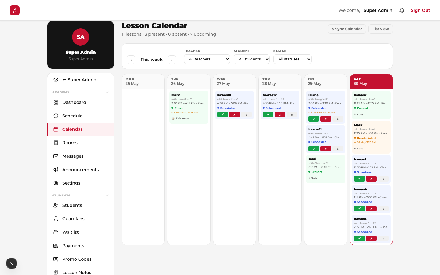 A shared music school weekly schedule showing every teacher's lessons