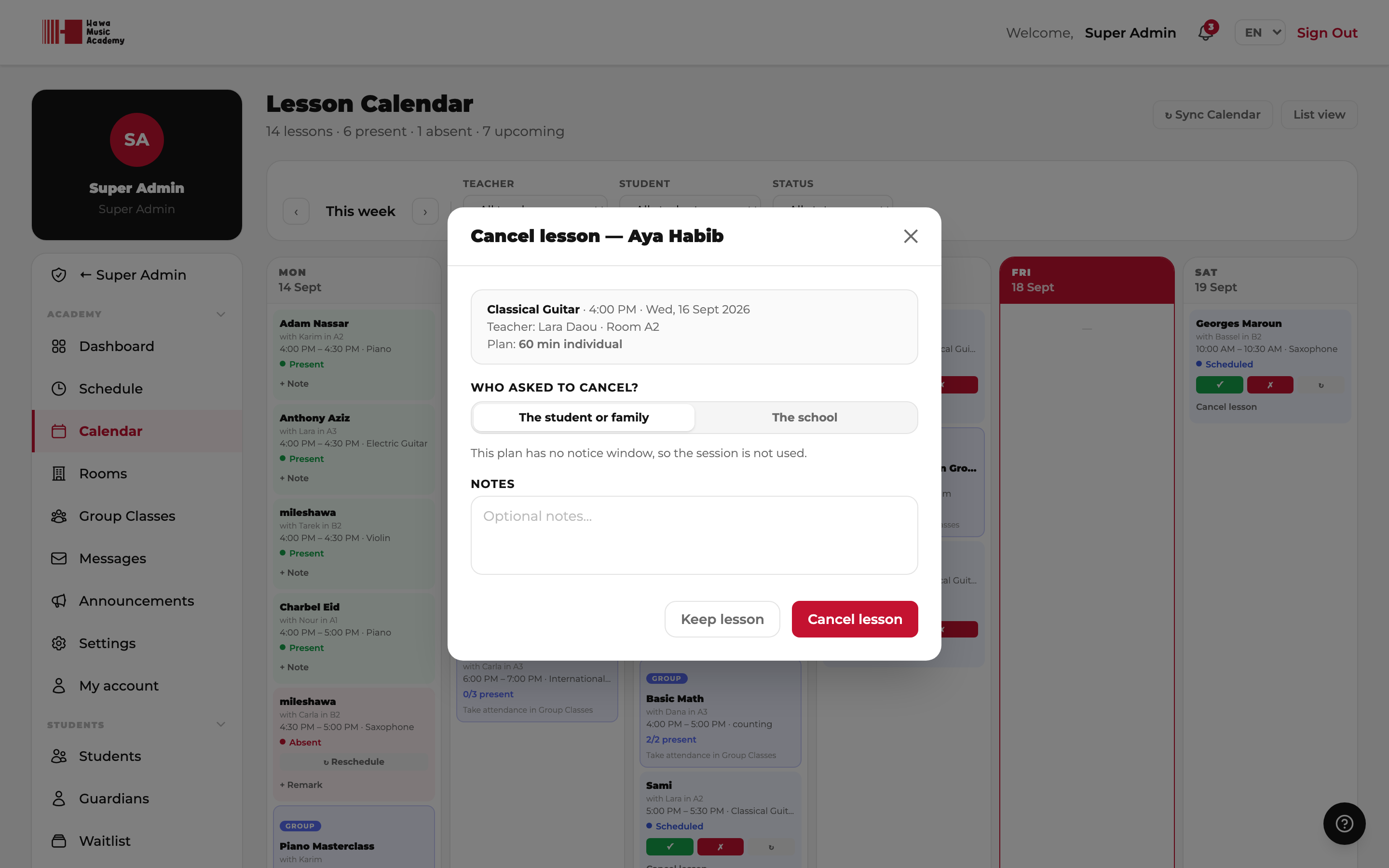 Cancel a lesson