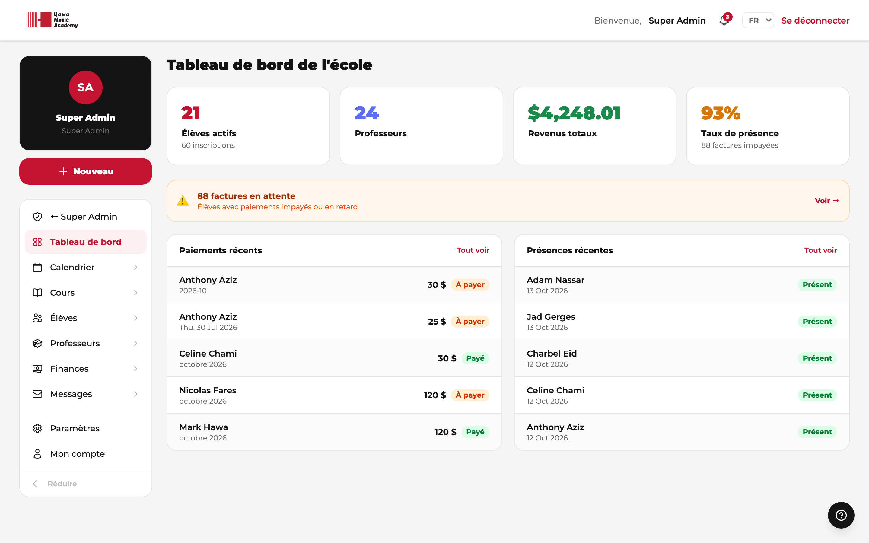 Tableau de bord admin