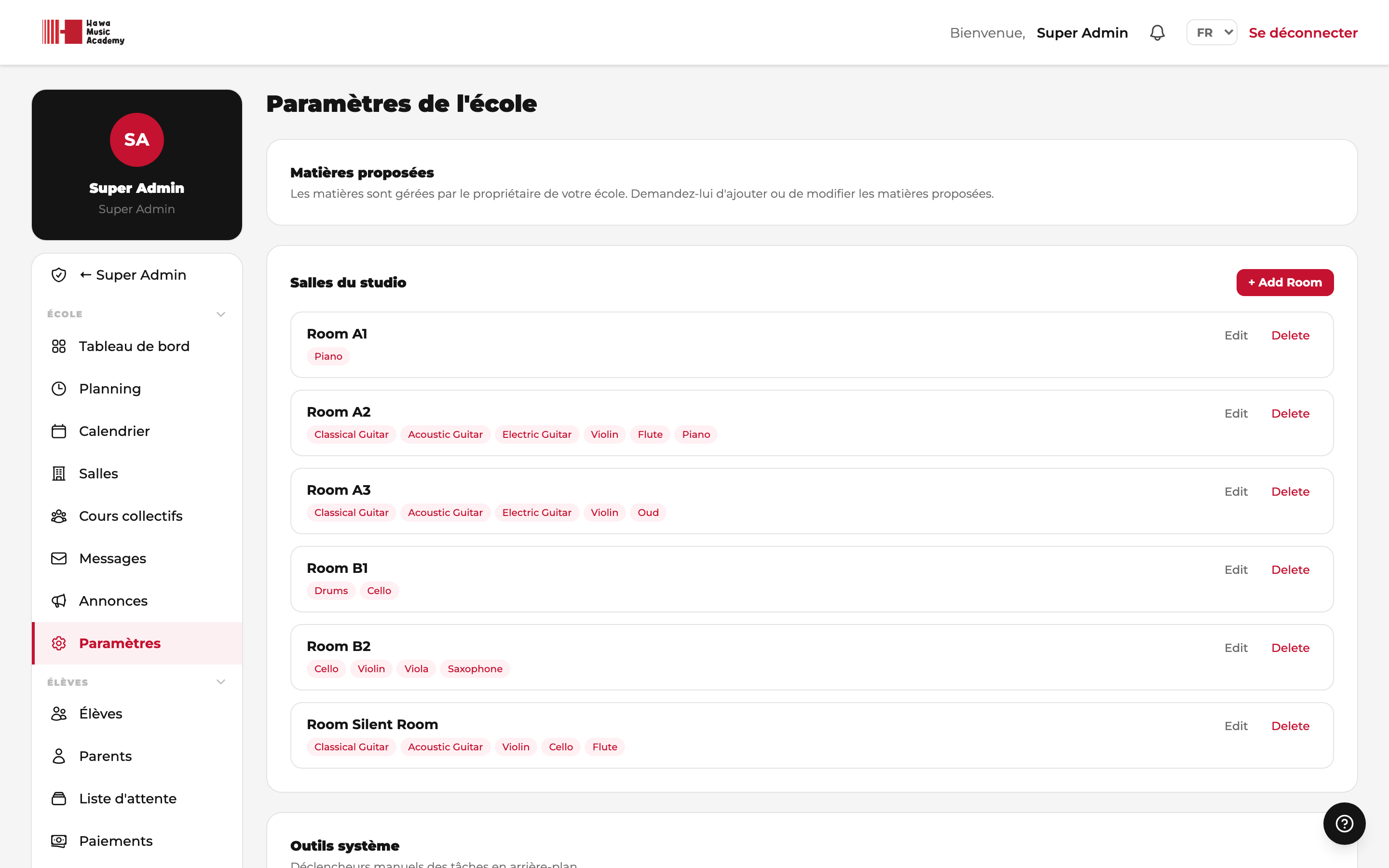 Paramètres admin