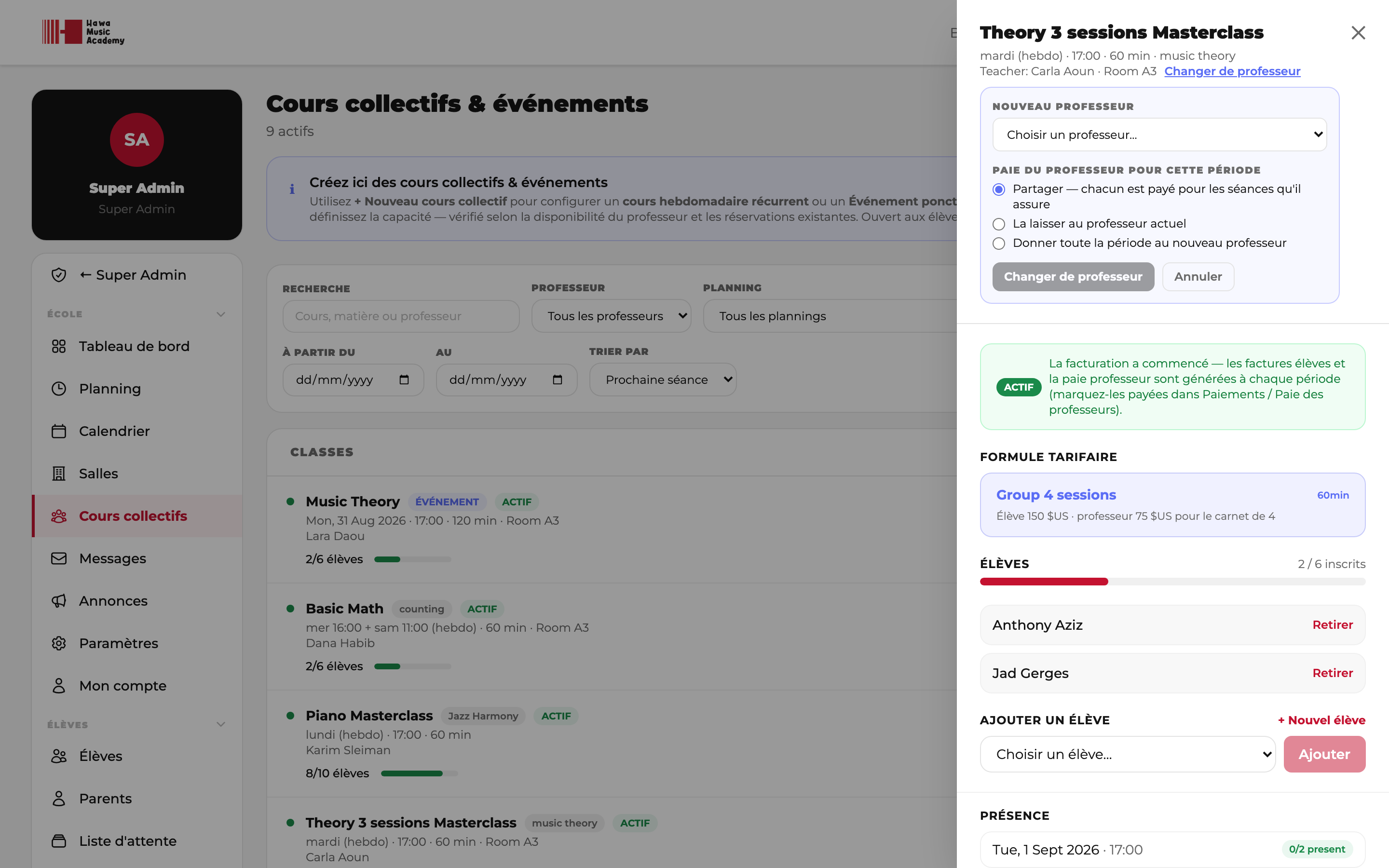 Changer le professeur d'un cours collectif
