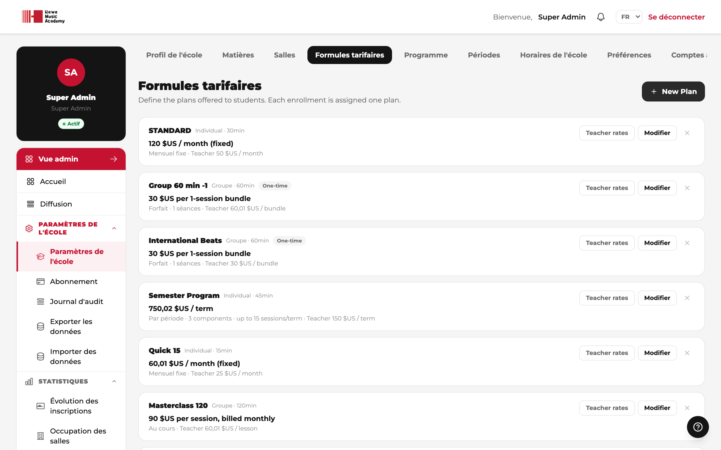 Liste des formules tarifaires