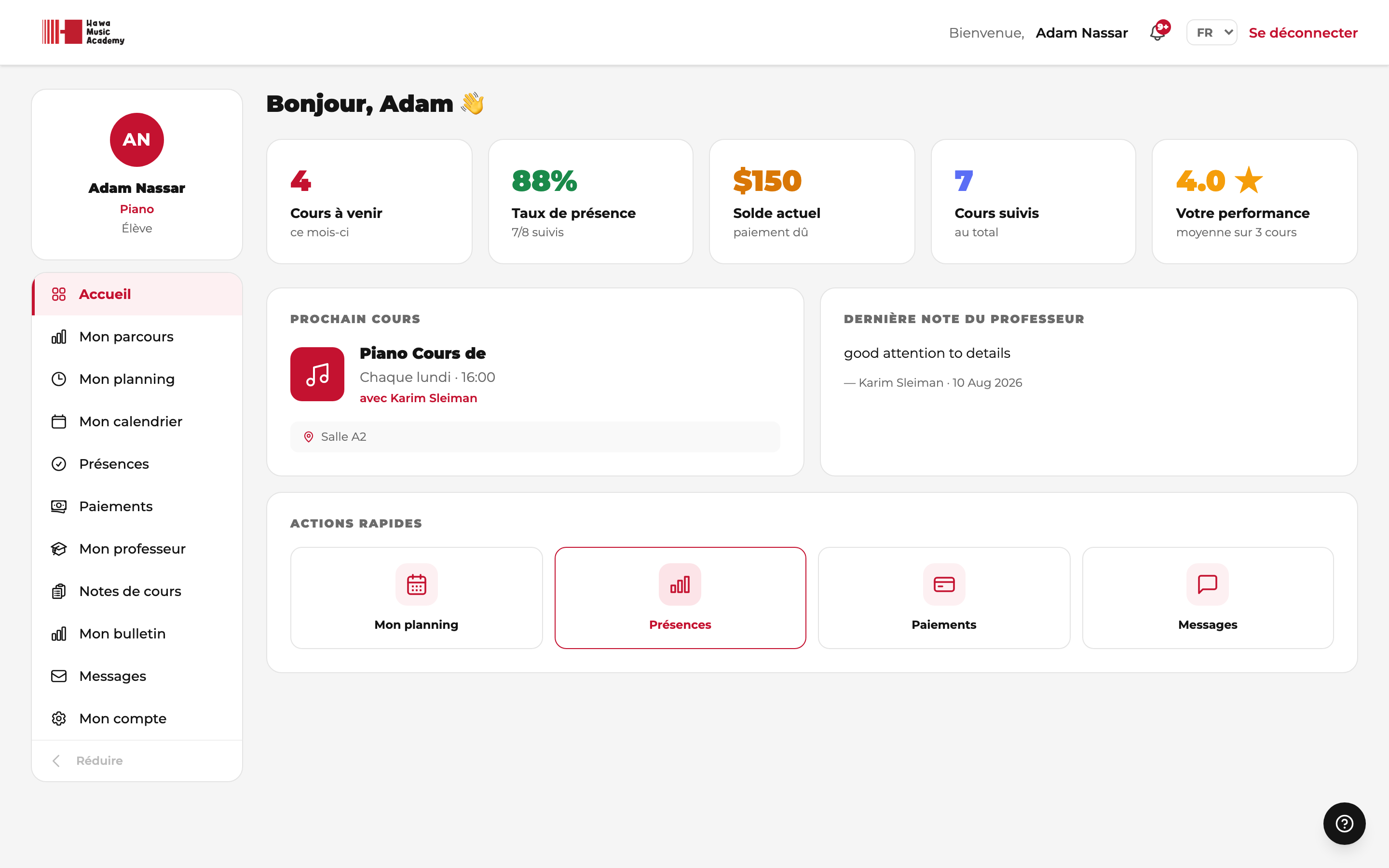 Votre écran d'accueil — prochain cours, statistiques rapides, notifications.