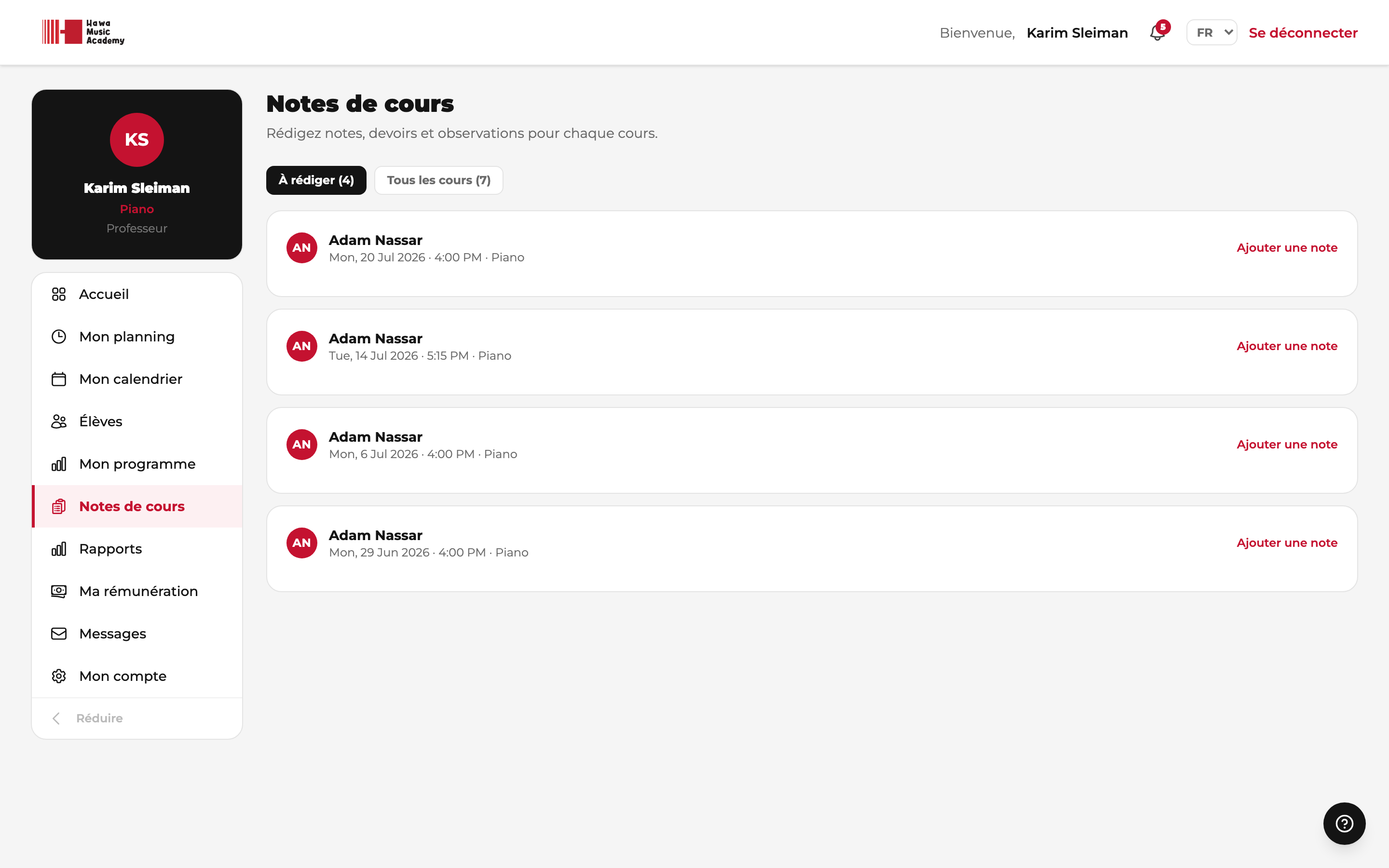 Rédaction d'une note de cours avec devoirs et appréciation.