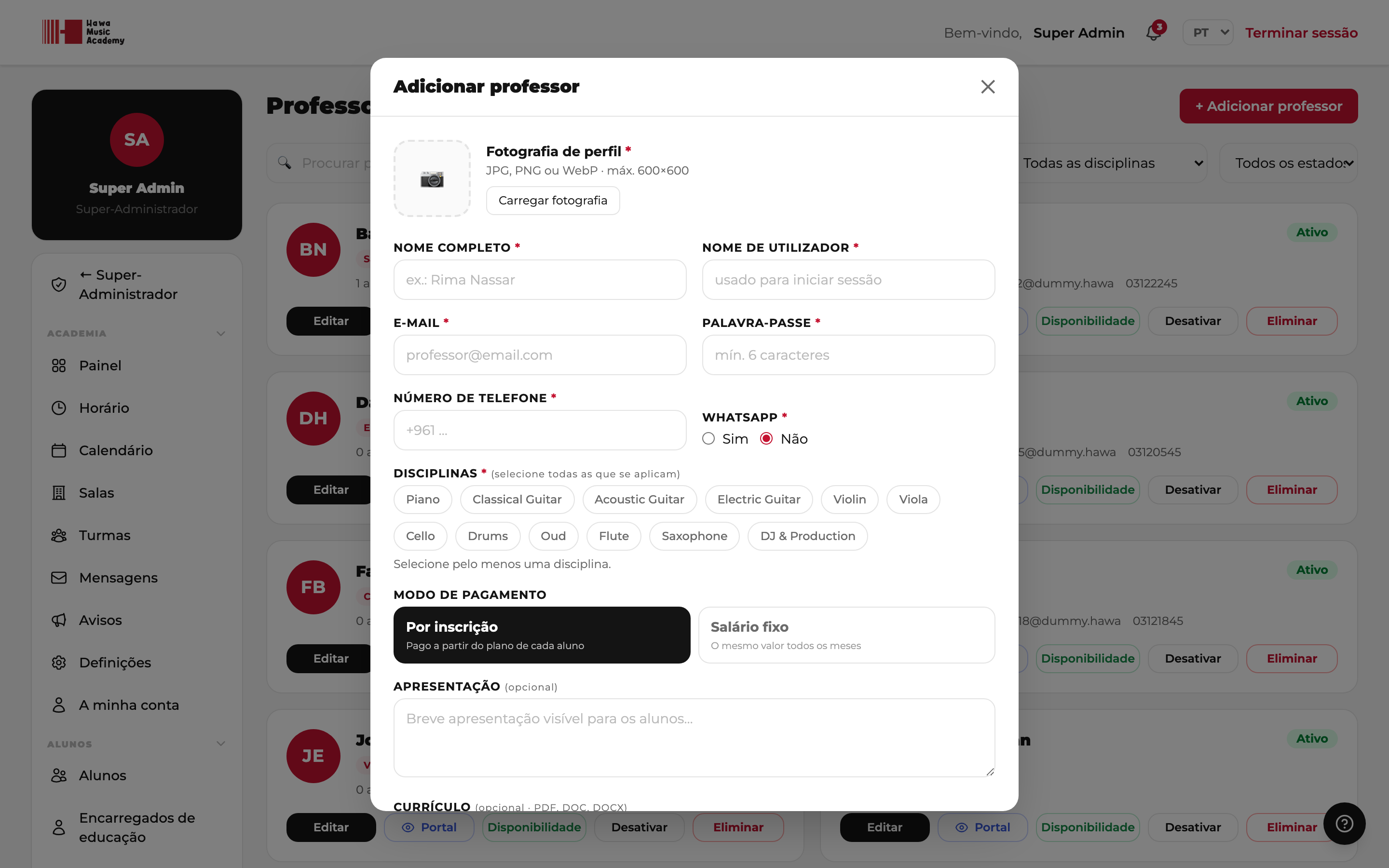 Adicionar professor