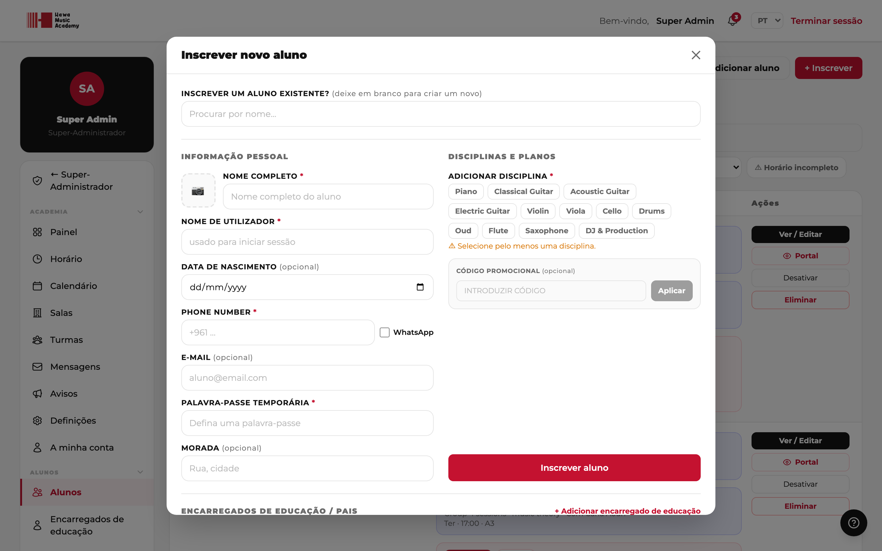 Inscrever — dados