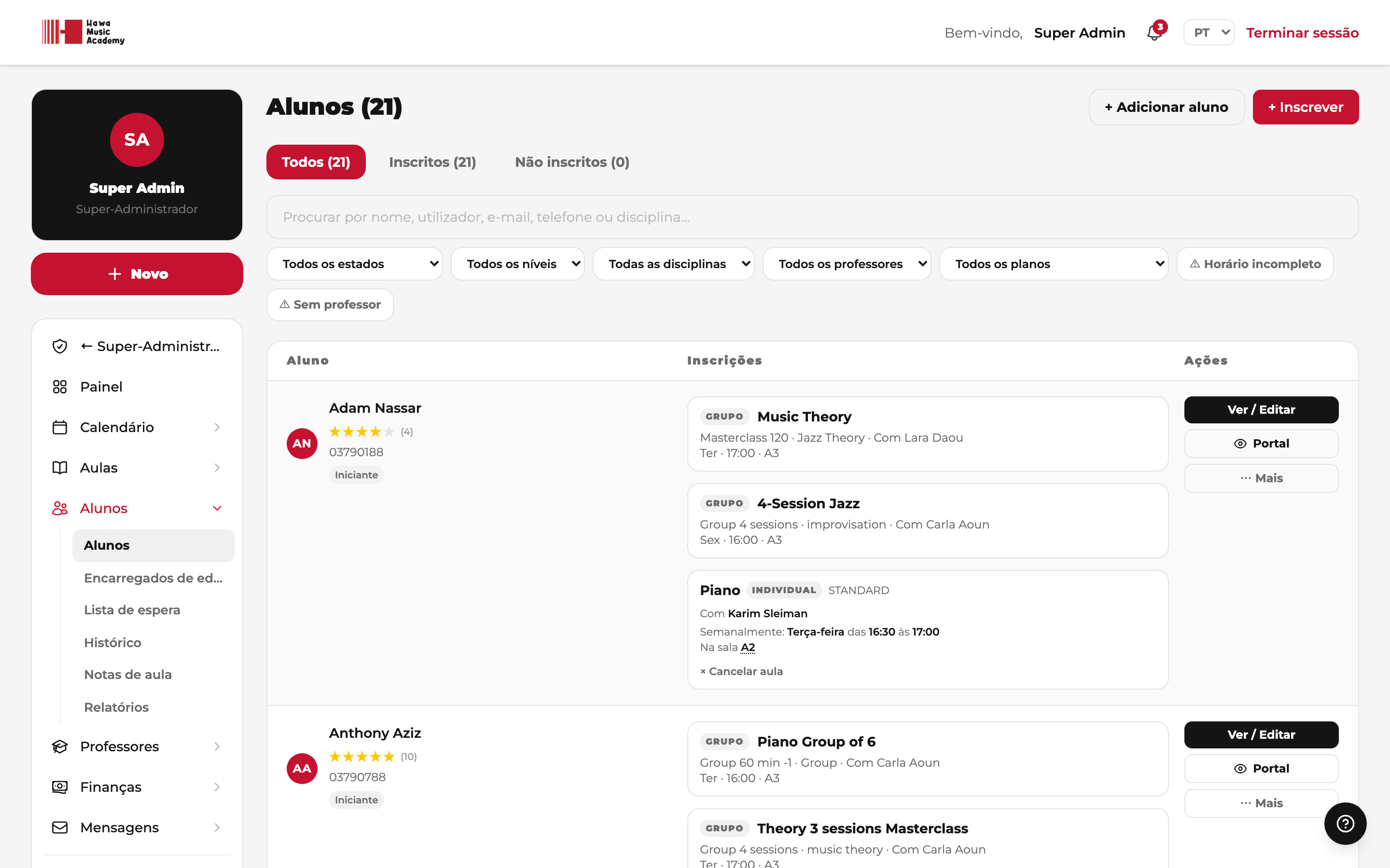 Lista de alunos