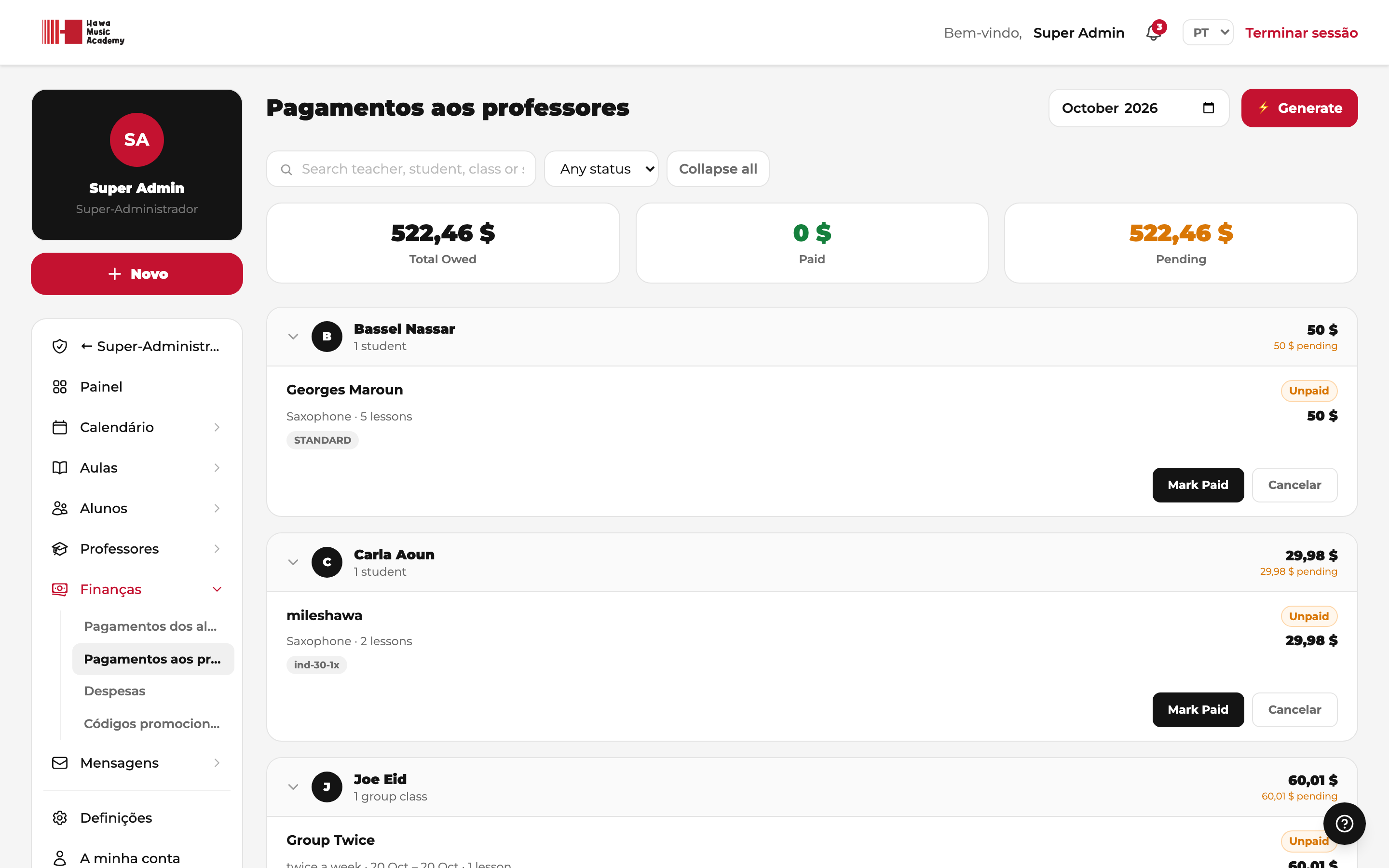 Pagamentos aos professores