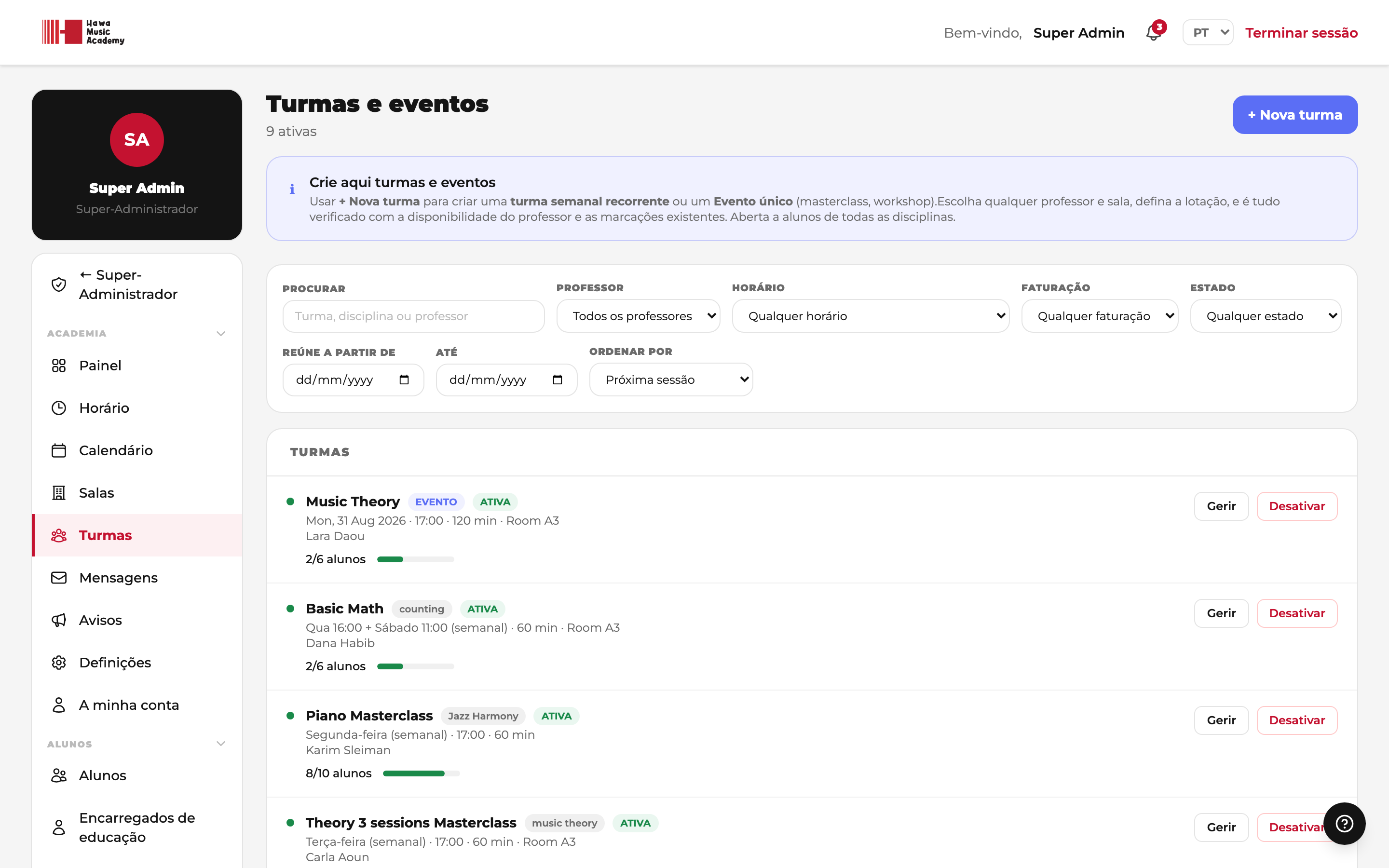 Ativar turma em rascunho