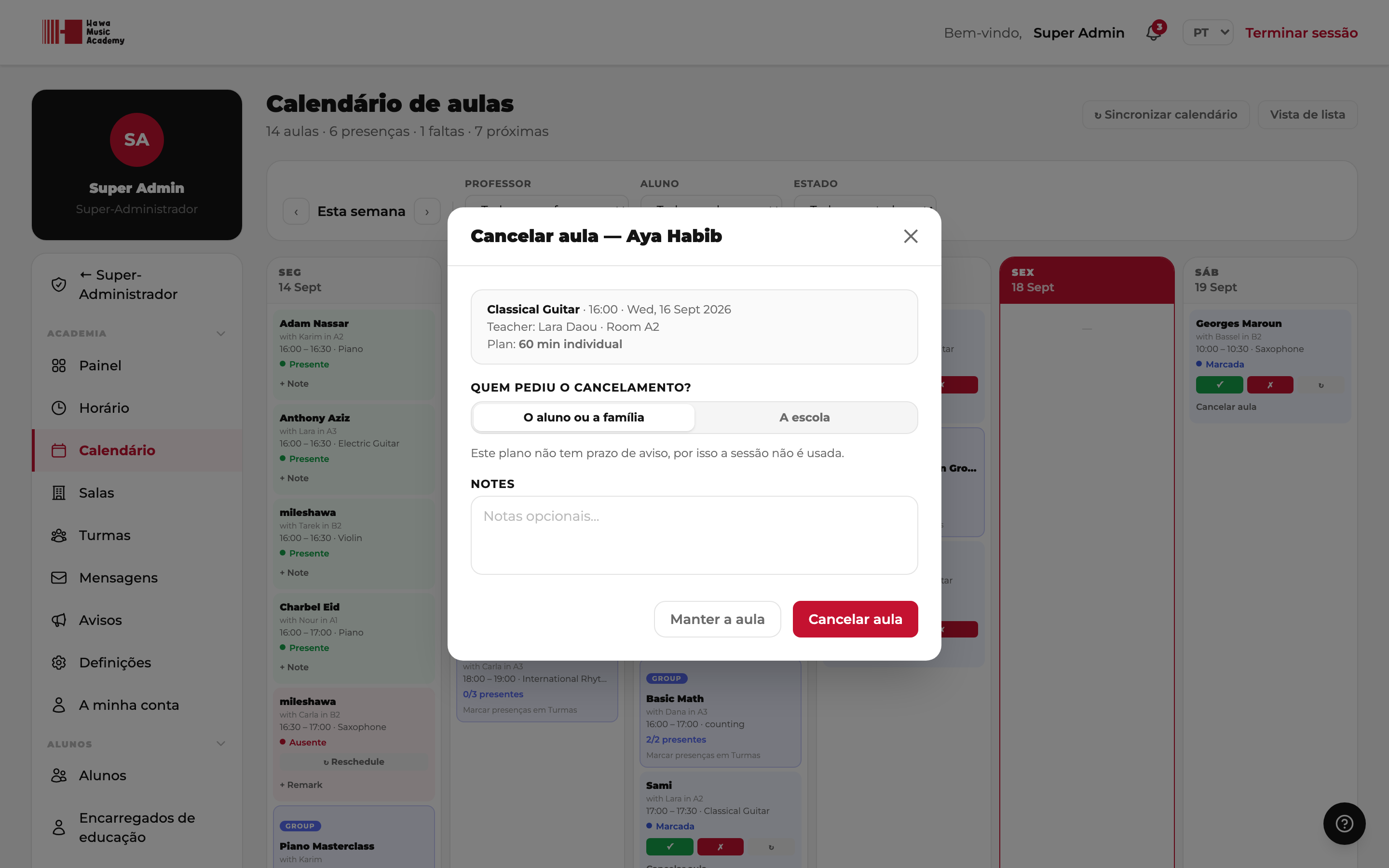 Cancelar uma aula