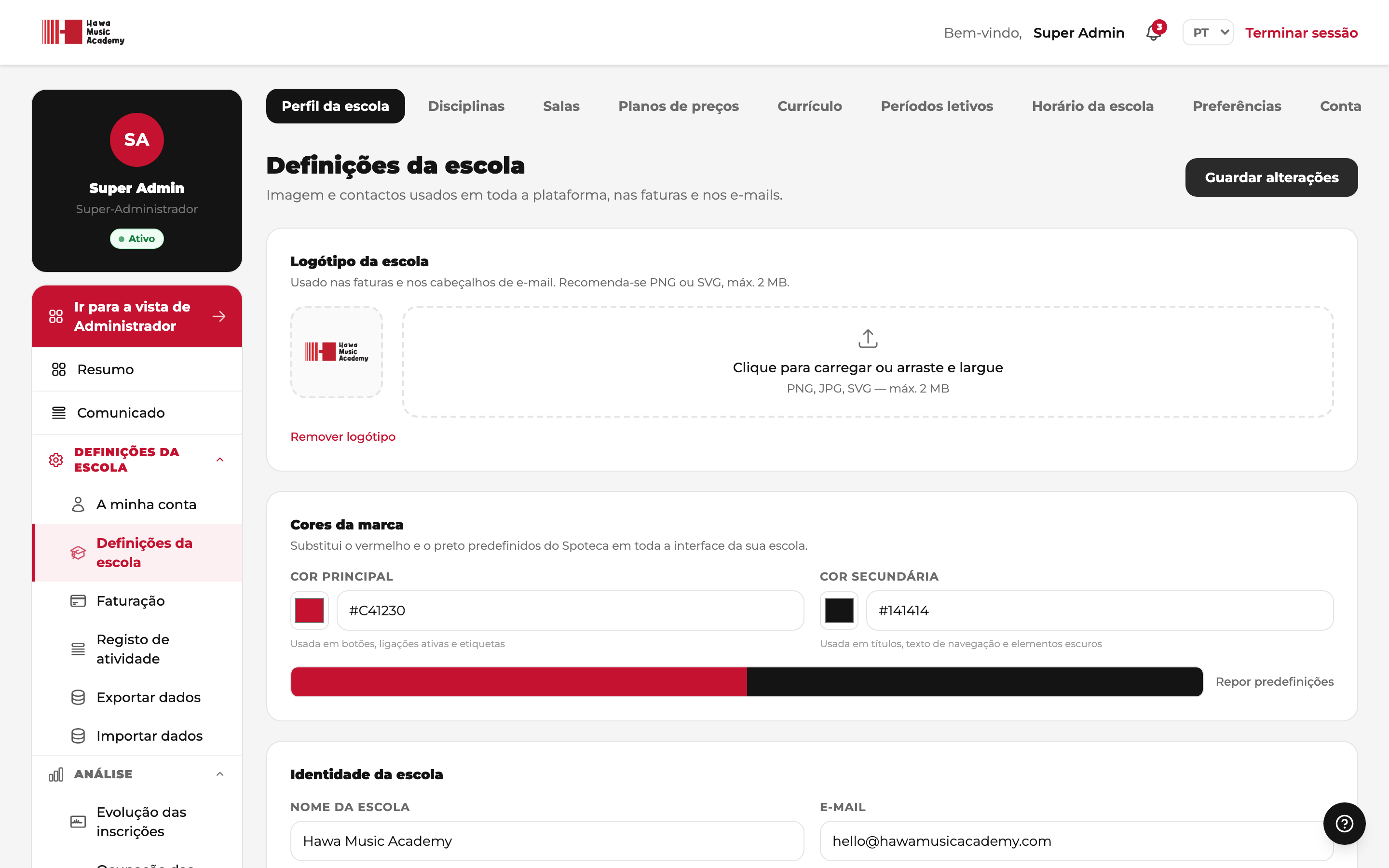 Definições da escola