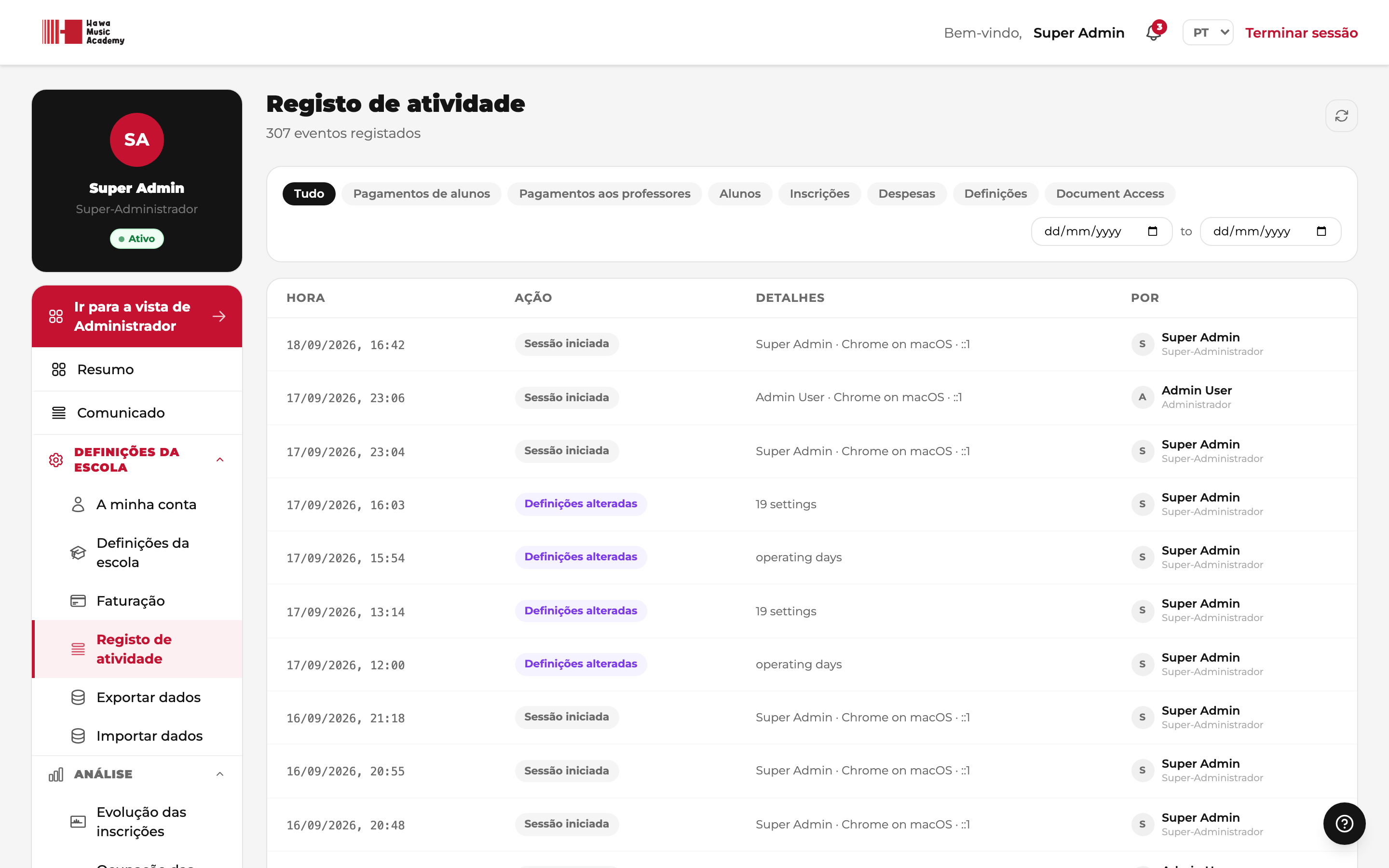 Registo de atividade
