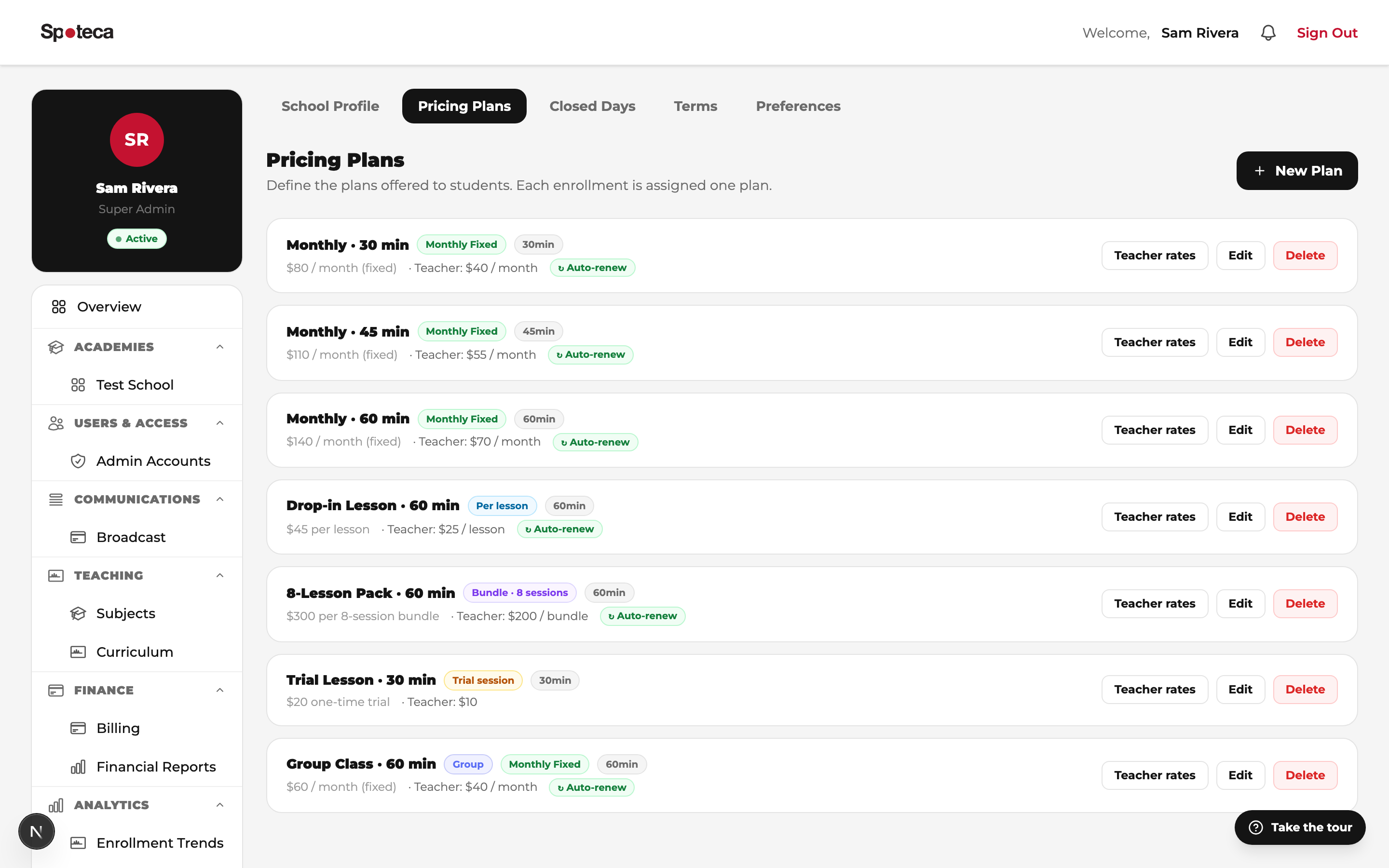 Pricing plans list
